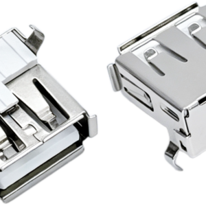 USB-A Receptacle 90° Right Angle, THT 15.5mm Rolled Edge Straight Tab White Insulator Cold-Rolled Steel Shell