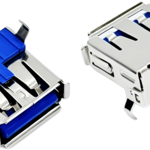 USB-A Receptacle 90° Right Angle, THT 15.5mm Rolled Edge Straight Tab Blue Insulator Cold-Rolled Steel Shell