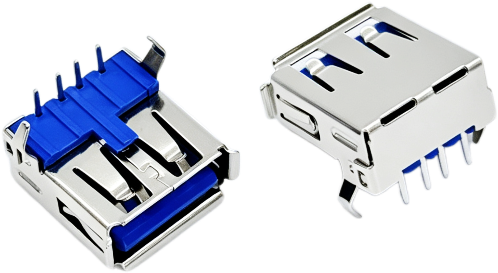 USB-A Receptacle 90° Right Angle, THT 15.5mm Rolled Edge Straight Tab Blue Insulator Cold-Rolled Steel Shell